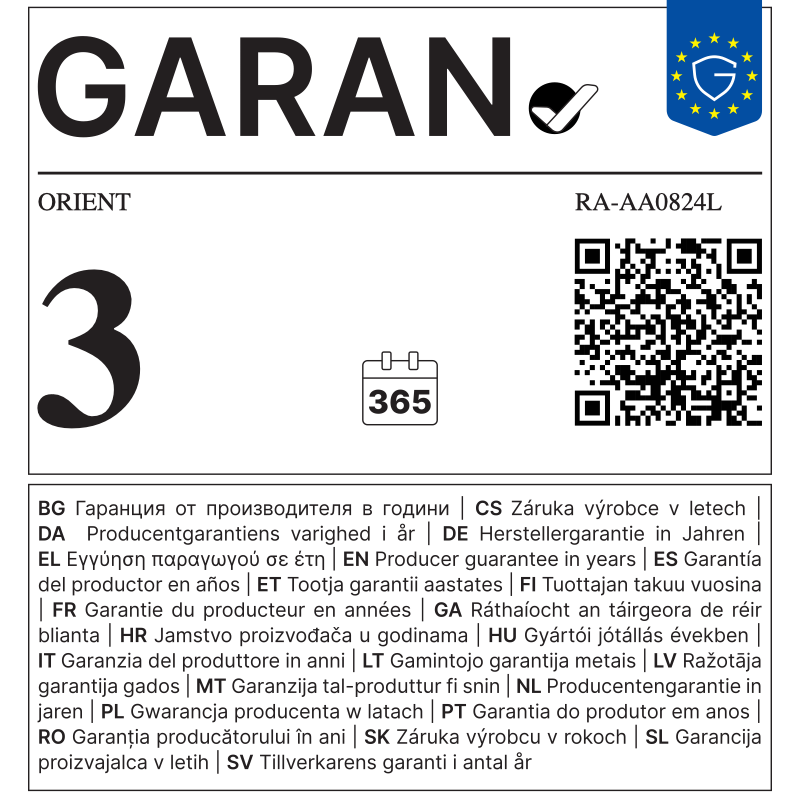 EU GARAN label - ORIENT RA-AA0824L - 3 year producer guarantee of durability