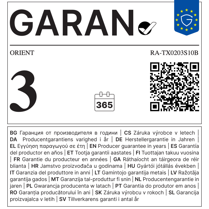 EU GARAN label - ORIENT RA-TX0203S10B - 3 year producer guarantee of durability